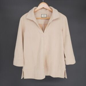 Tuckernuck Blouse Womens S Beige Collared V-Neck 3/4 Sleeve Tunic Slit Stretch